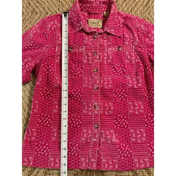 C.E.Schmidt Work Wear Pink 100% cotton bandana pattern button front top SZ M - Picture 7 of 7